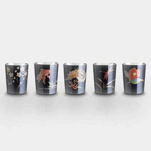 Japanese sake cups, Wajima lacquerware, Osaka Naniwa pewter ware, tin sake cup set, traditional Japanese drinkware, handcrafted sake cups, cherry blossom sake cup, camellia flower cup, goldfish design sake cup, dragonfly sake ware, Japanese dragon cup, vermilion lacquer sake cups, black lacquer sake cups, Japanese giftware, artisanal Japanese cups, tin lacquer sake set, sake cup symbolism, made in Japan sake cups, Osaka Suzuki crafts