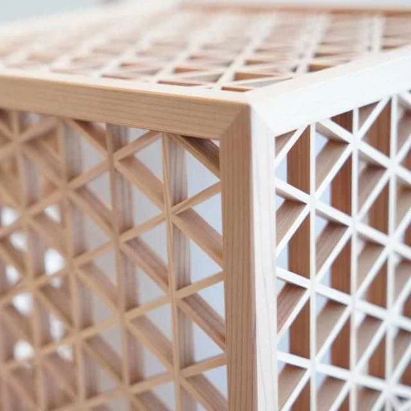 Kumiko lantern, Japanese wooden lantern, Asanoha hemp leaf lamp, Kumiko joinery light, Akita cedar lantern, Japanese cube lamp, handcrafted Japanese lamp, Hyakunen Monogatari project lantern, Ominato Bunkichi Shoten lighting, traditional Japanese Kumiko lamp, Mitsukude Kumiko lantern, Japanese wood and light design, artisan Kumiko lighting, Niigata handmade lamp, Japanese lattice lamp, housewarming Japanese lantern, symbolic hemp leaf lamp