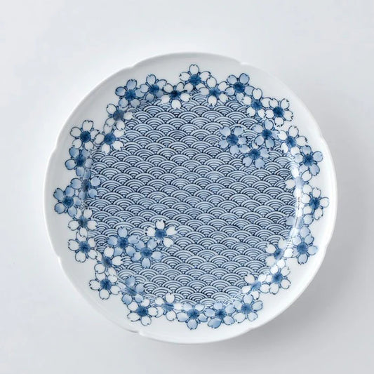Mikawachi ware porcelain plate, Hirado Shouzan porcelain, Japanese cherry blossom plate, elephant design porcelain, blue and white Japanese plate, Japanese ocean wave pattern dish, Mikawachi large plate set, traditional Japanese porcelain, Japanese symbolic dinnerware, handmade Japanese porcelain gift, Nagasaki porcelain plates, sakura and elephant plate set, Japanese auspicious porcelain, collectible Japanese dish set