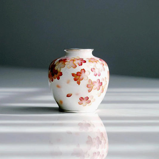 Owari cloisonné vase, Japanese cloisonné vase, glossy cloisonné vase, Kato Shippo Seisakusyo, sakura pattern vase, cherry blossom vase Japan, handmade cloisonné art, shippo yaki vase, Japanese artisan vase, small decorative vase, enamel copper vase, collectible Japanese vase, traditional Japanese enamelware, cherry blossom home décor, Japanese cultural gift