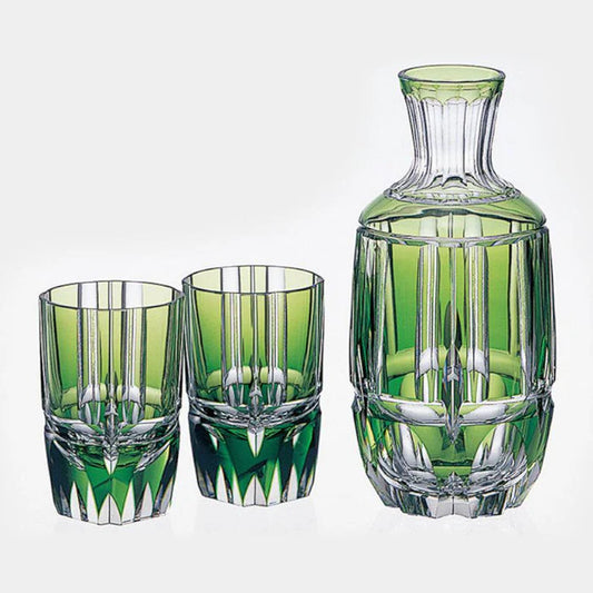 Edo Kiriko bamboo glass set, Japanese bamboo crystal glassware, Kagami Crystal bamboo stem design, Edo Kiriko bottle and cups, Japanese green crystal glass, handmade Edo cut glass Japan, symbolic bamboo motif drinkware, Japanese artisan glass set, bamboo motif crystal tumbler, Japanese giftware bamboo design, Edo Kiriko handcrafted green glass, traditional Japanese cut crystal set, luxury Japanese crystal bamboo