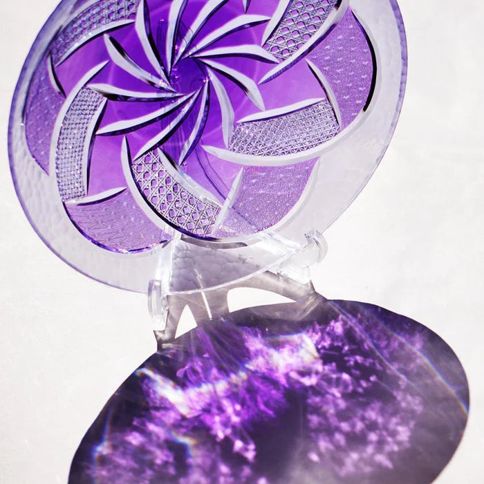 Fu Rin Kiriko plate, Japanese cut glass plate, rinzen glassware, purple Kiriko plate, handmade Japanese glass plate, Tokyo glass artisans, traditional Kiriko glass, Japanese decorative plate, hand-cut glassware Japan, Edo Kiriko style plate, soda glass Japan, luxury Japanese tableware, artisan Japanese glass dish, Japanese giftware plate