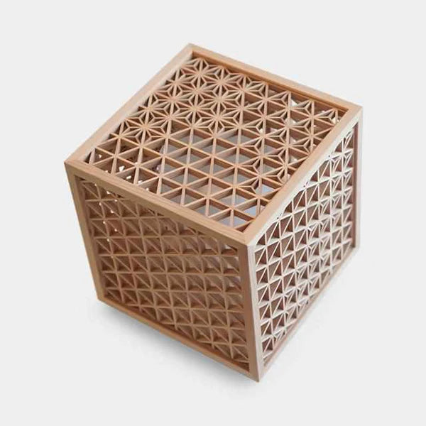 Kumiko lantern, Japanese wooden lantern, Asanoha hemp leaf lamp, Kumiko joinery light, Akita cedar lantern, Japanese cube lamp, handcrafted Japanese lamp, Hyakunen Monogatari project lantern, Ominato Bunkichi Shoten lighting, traditional Japanese Kumiko lamp, Mitsukude Kumiko lantern, Japanese wood and light design, artisan Kumiko lighting, Niigata handmade lamp, Japanese lattice lamp, housewarming Japanese lantern, symbolic hemp leaf lamp