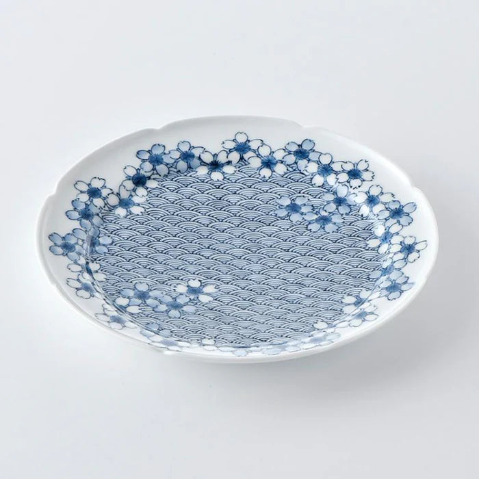 Mikawachi ware porcelain plate, Hirado Shouzan porcelain, Japanese cherry blossom plate, elephant design porcelain, blue and white Japanese plate, Japanese ocean wave pattern dish, Mikawachi large plate set, traditional Japanese porcelain, Japanese symbolic dinnerware, handmade Japanese porcelain gift, Nagasaki porcelain plates, sakura and elephant plate set, Japanese auspicious porcelain, collectible Japanese dish set