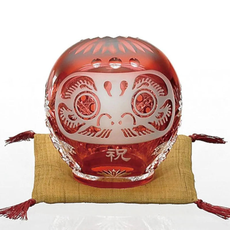 Edo Kiriko Daruma, crystal Daruma doll, Kagami Crystal Japan, Japanese cut glass figurine, red crystal Daruma, gold-red crystal ornament, Edo Kiriko glass art, Japanese good luck charm, Daruma with both eyes open, Japanese perseverance symbol, handmade crystal Daruma, Ibaraki glass craftsmanship, Japanese milestone celebration gift, luxury Japanese glassware, traditional Edo cut glass