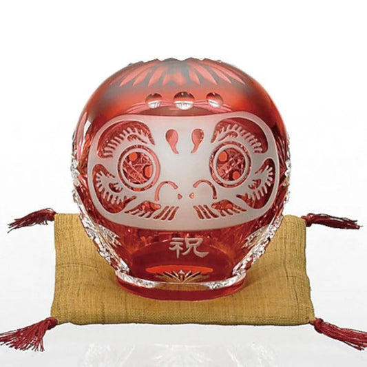 Edo Kiriko Daruma, crystal Daruma doll, Kagami Crystal Japan, Japanese cut glass figurine, red crystal Daruma, gold-red crystal ornament, Edo Kiriko glass art, Japanese good luck charm, Daruma with both eyes open, Japanese perseverance symbol, handmade crystal Daruma, Ibaraki glass craftsmanship, Japanese milestone celebration gift, luxury Japanese glassware, traditional Edo cut glass