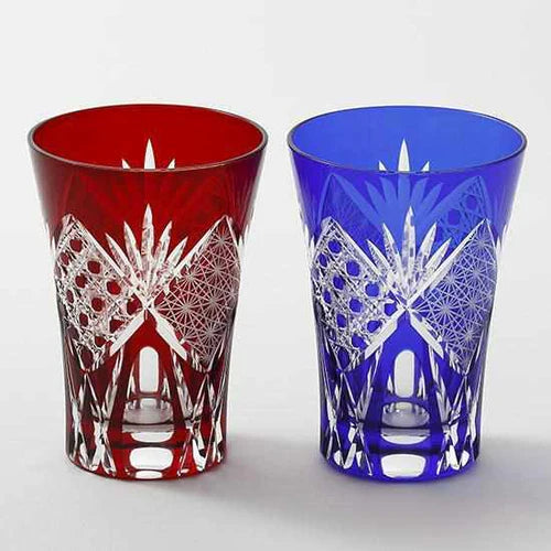 Edo Kiriko glass, Edo cut glass tumbler, Edo cut glass old fashioned, Japanese cut glassware, handmade Edo glass, Kimoto Glassware Edo Kiriko, red and blue Edo glass set, Japanese lattice glass pattern, chrysanthemum Edo cut glass, traditional Japanese glass gift, Japanese artisan glassware, hand-cut glass Japan, luxury Edo glass tumbler pair, symbolic Japanese tableware
