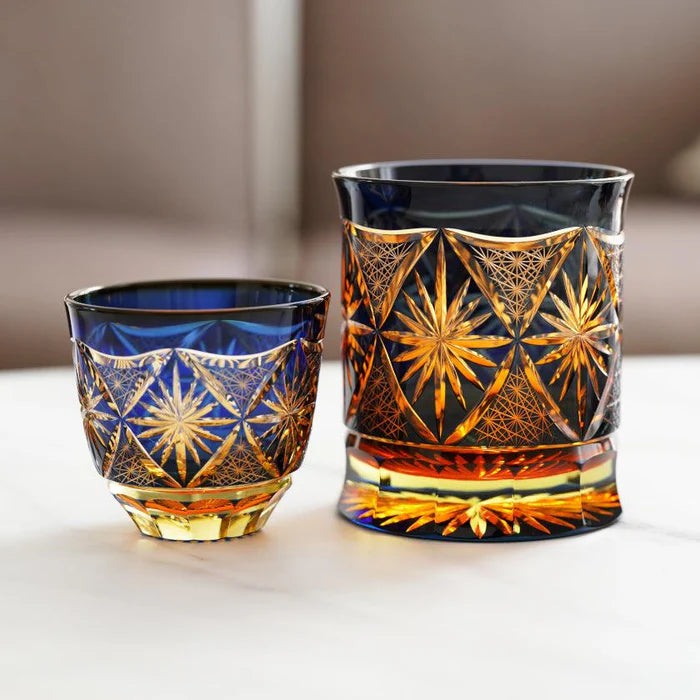 Japanese Kiriko rocks glass, Ginwan no Hana glass, Edo Kiriko drinking glass, traditional Japanese cut glass, purple Kiriko glass, blue and orange Kiriko glass, hand-cut Japanese glassware, chrysanthemum motif glass Japan, Tokyo artisan glass, Japanese starburst glass design, collectible Kiriko tumbler, handmade soda glass Japan, luxury Japanese cut glass, Japanese cultural gift glass, Edo Kiriko chrysanthemum cut glass