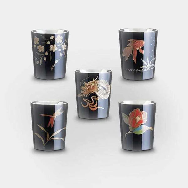 Japanese sake cups, Wajima lacquerware, Osaka Naniwa pewter ware, tin sake cup set, traditional Japanese drinkware, handcrafted sake cups, cherry blossom sake cup, camellia flower cup, goldfish design sake cup, dragonfly sake ware, Japanese dragon cup, vermilion lacquer sake cups, black lacquer sake cups, Japanese giftware, artisanal Japanese cups, tin lacquer sake set, sake cup symbolism, made in Japan sake cups, Osaka Suzuki crafts