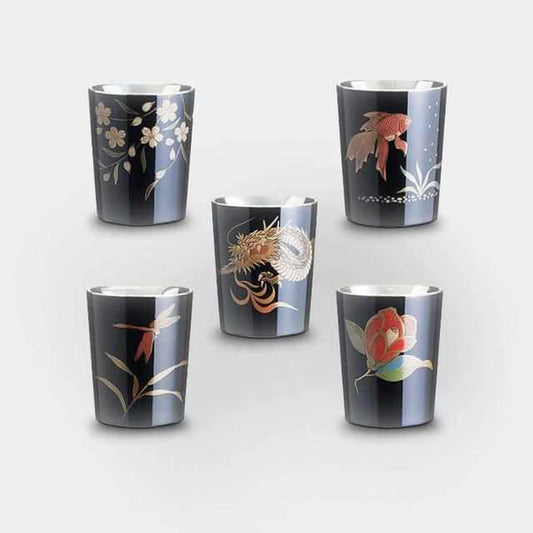 Japanese sake cups, Wajima lacquerware, Osaka Naniwa pewter ware, tin sake cup set, traditional Japanese drinkware, handcrafted sake cups, cherry blossom sake cup, camellia flower cup, goldfish design sake cup, dragonfly sake ware, Japanese dragon cup, vermilion lacquer sake cups, black lacquer sake cups, Japanese giftware, artisanal Japanese cups, tin lacquer sake set, sake cup symbolism, made in Japan sake cups, Osaka Suzuki crafts