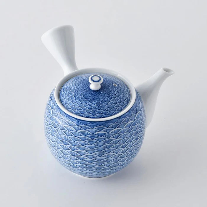 Japanese tea set, Kyusu teapot set, Mikawachi ware porcelain, Hirado Shozan tea set, Seigaiha tea set, Japanese Sencha cups, traditional Japanese porcelain, blue and white Japanese teapot, handmade Japanese tea set, Japanese porcelain tea cups, Nagasaki Mikawachi ware, Seigaiha wave pattern tea set, Japanese Kyusu with strainer, authentic Japanese tea ware