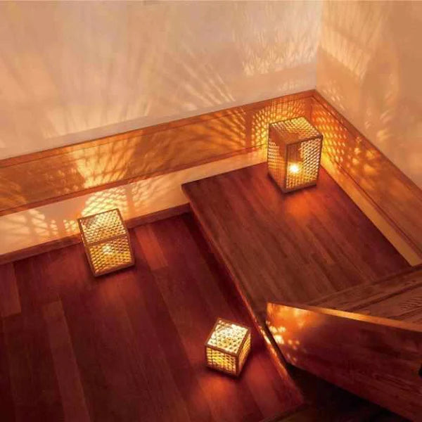 Kumiko lantern, Japanese wooden lantern, Asanoha hemp leaf lamp, Kumiko joinery light, Akita cedar lantern, Japanese cube lamp, handcrafted Japanese lamp, Hyakunen Monogatari project lantern, Ominato Bunkichi Shoten lighting, traditional Japanese Kumiko lamp, Mitsukude Kumiko lantern, Japanese wood and light design, artisan Kumiko lighting, Niigata handmade lamp, Japanese lattice lamp, housewarming Japanese lantern, symbolic hemp leaf lamp