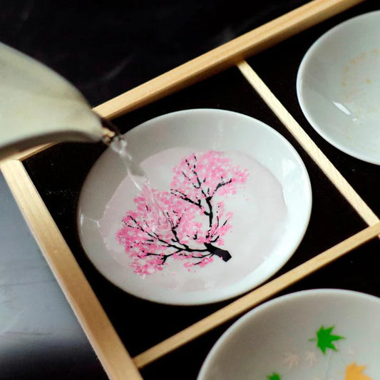 Mino ware color changing cups, Japanese ceramic cup set, Marumo Takagi cups, Shun Japan porcelain, color changing Japanese pottery, four seasons Japanese cups, Mt. Fuji design cup, Kabuki design Japanese ware, cherry blossom ceramic set, handmade Japanese ceramic gift, Gifu prefecture pottery, collectible Japanese ceramic cups, Japanese souvenir cup set, traditional Japanese giftware