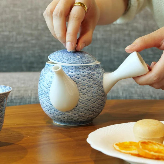 Japanese tea set, Kyusu teapot set, Mikawachi ware porcelain, Hirado Shozan tea set, Seigaiha tea set, Japanese Sencha cups, traditional Japanese porcelain, blue and white Japanese teapot, handmade Japanese tea set, Japanese porcelain tea cups, Nagasaki Mikawachi ware, Seigaiha wave pattern tea set, Japanese Kyusu with strainer, authentic Japanese tea ware