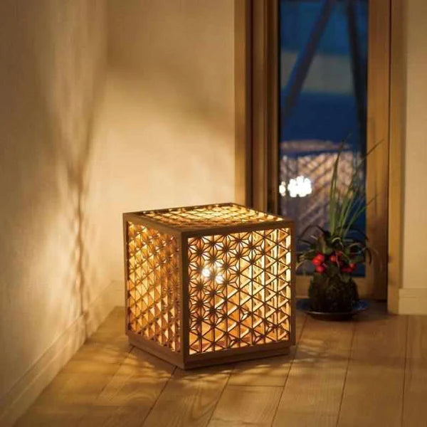 Kumiko lantern, Japanese wooden lantern, Asanoha hemp leaf lamp, Kumiko joinery light, Akita cedar lantern, Japanese cube lamp, handcrafted Japanese lamp, Hyakunen Monogatari project lantern, Ominato Bunkichi Shoten lighting, traditional Japanese Kumiko lamp, Mitsukude Kumiko lantern, Japanese wood and light design, artisan Kumiko lighting, Niigata handmade lamp, Japanese lattice lamp, housewarming Japanese lantern, symbolic hemp leaf lamp