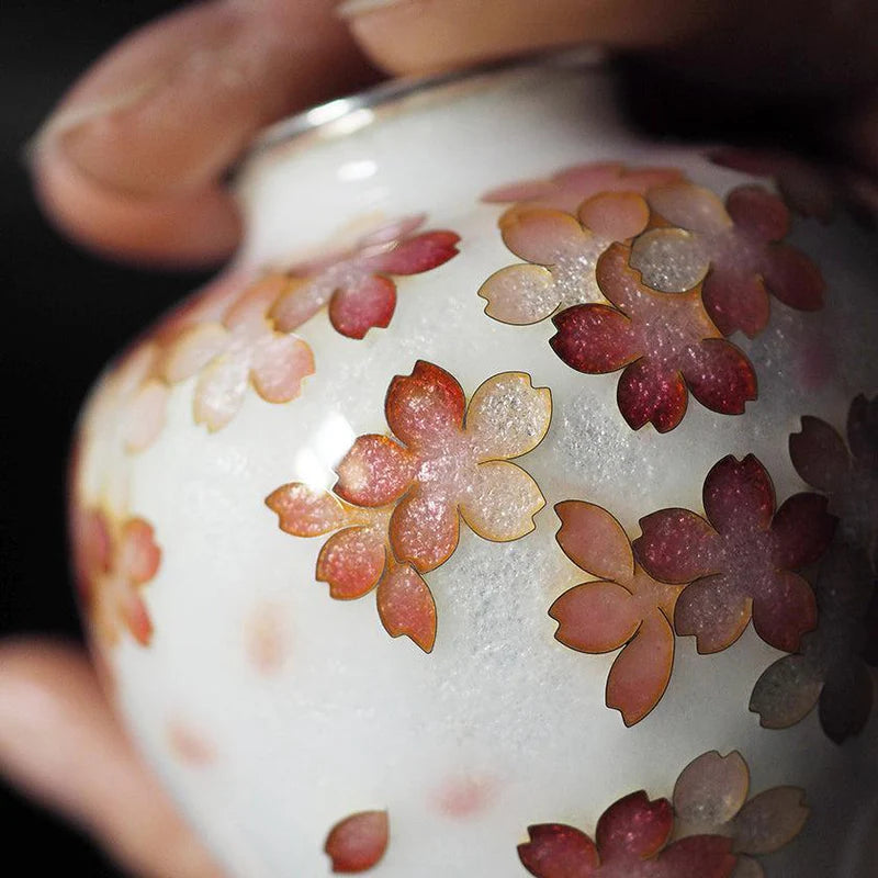 Owari cloisonné vase, Japanese cloisonné vase, glossy cloisonné vase, Kato Shippo Seisakusyo, sakura pattern vase, cherry blossom vase Japan, handmade cloisonné art, shippo yaki vase, Japanese artisan vase, small decorative vase, enamel copper vase, collectible Japanese vase, traditional Japanese enamelware, cherry blossom home décor, Japanese cultural gift
