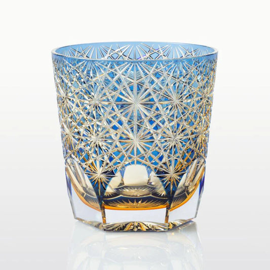Edo Kiriko glass, Kagami Crystal rocks glass, Japanese cut glass, Kasaneirome Tamamai glass, Kasaneirome Ogiku glass, Hideaki Shinozaki Edo Kiriko, Junichi Nabetani Edo Kiriko, chrysanthemum glass Japan, kaleidoscope Edo Kiriko, Japanese artisan glassware, layered color crystal glass, handcrafted Edo faceted glass, luxury Japanese rocks glass, Ibaraki crystal glassware, Edo Kiriko collector glass