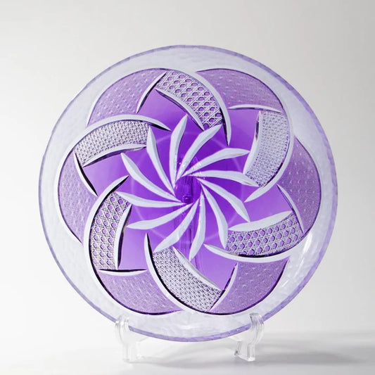 Fu Rin Kiriko plate, Japanese cut glass plate, rinzen glassware, purple Kiriko plate, handmade Japanese glass plate, Tokyo glass artisans, traditional Kiriko glass, Japanese decorative plate, hand-cut glassware Japan, Edo Kiriko style plate, soda glass Japan, luxury Japanese tableware, artisan Japanese glass dish, Japanese giftware plate