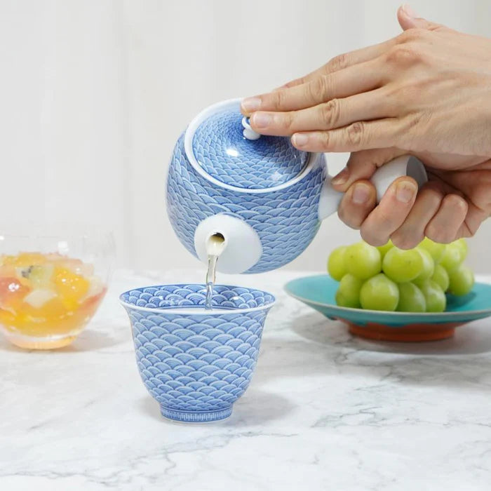 Japanese tea set, Kyusu teapot set, Mikawachi ware porcelain, Hirado Shozan tea set, Seigaiha tea set, Japanese Sencha cups, traditional Japanese porcelain, blue and white Japanese teapot, handmade Japanese tea set, Japanese porcelain tea cups, Nagasaki Mikawachi ware, Seigaiha wave pattern tea set, Japanese Kyusu with strainer, authentic Japanese tea ware