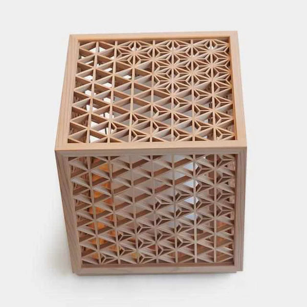Kumiko lantern, Japanese wooden lantern, Asanoha hemp leaf lamp, Kumiko joinery light, Akita cedar lantern, Japanese cube lamp, handcrafted Japanese lamp, Hyakunen Monogatari project lantern, Ominato Bunkichi Shoten lighting, traditional Japanese Kumiko lamp, Mitsukude Kumiko lantern, Japanese wood and light design, artisan Kumiko lighting, Niigata handmade lamp, Japanese lattice lamp, housewarming Japanese lantern, symbolic hemp leaf lamp
