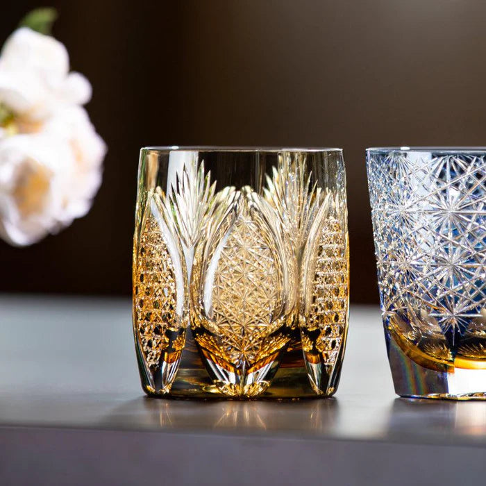 Edo Kiriko glass, Kagami Crystal tumbler, Japanese cut glass, Tora-no-Mai glass, tiger motif Edo Kiriko, Junichi Nabetani glass, Kasane-Irome Juhyo, Edo faceted crystal, Japanese artisan glassware, handmade Japanese crystal glass, Kagami Crystal Edo Kiriko, traditional Japanese whiskey tumbler, luxury Japanese tumblers, Edo Kiriko cut glass patterns, Japanese symbolic glassware