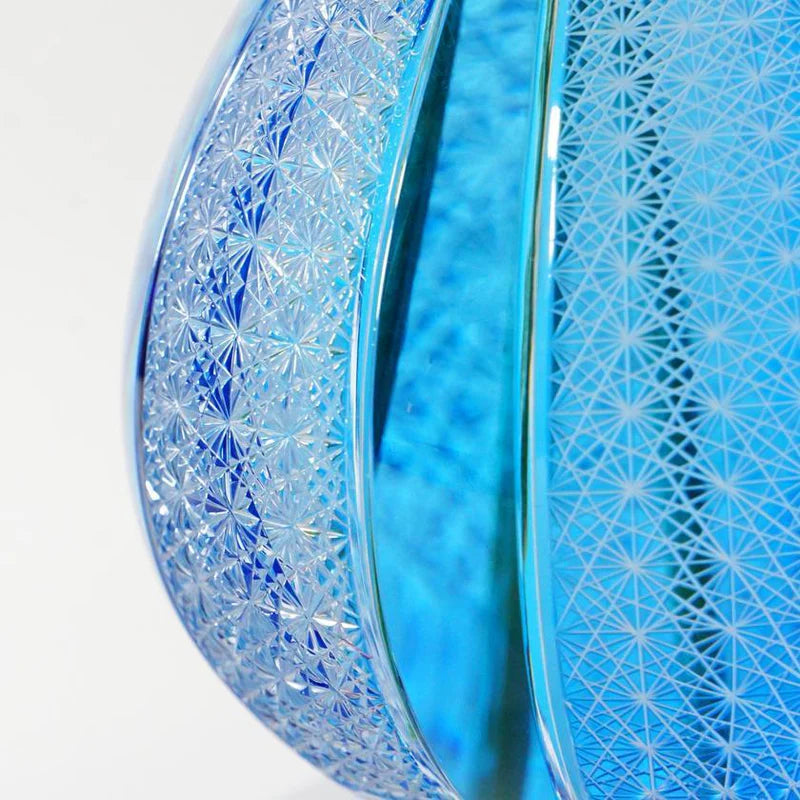 Japanese Kiriko vase, Edo Kiriko glassware, hand-cut Japanese glass, blue gradation vase, asanoha pattern vase, Tokyo artisan glass, Japanese cut glass vase, handmade soda glass vase, traditional Japanese vase, luxury Japanese home decor, Rinzen Kiriko vase, one-of-a-kind Japanese vase, blue Japanese flower vase, handcrafted Edo Kiriko vase, Japanese artisan gift, Tokyo Kiriko craftsmanship, Kagami Crystal reseller, Japanese wedding gift vase, Japanese ikebana vase, premium Japanese glass art
