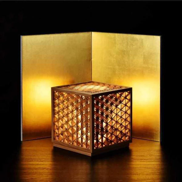 Kumiko lantern, Japanese wooden lantern, Asanoha hemp leaf lamp, Kumiko joinery light, Akita cedar lantern, Japanese cube lamp, handcrafted Japanese lamp, Hyakunen Monogatari project lantern, Ominato Bunkichi Shoten lighting, traditional Japanese Kumiko lamp, Mitsukude Kumiko lantern, Japanese wood and light design, artisan Kumiko lighting, Niigata handmade lamp, Japanese lattice lamp, housewarming Japanese lantern, symbolic hemp leaf lamp