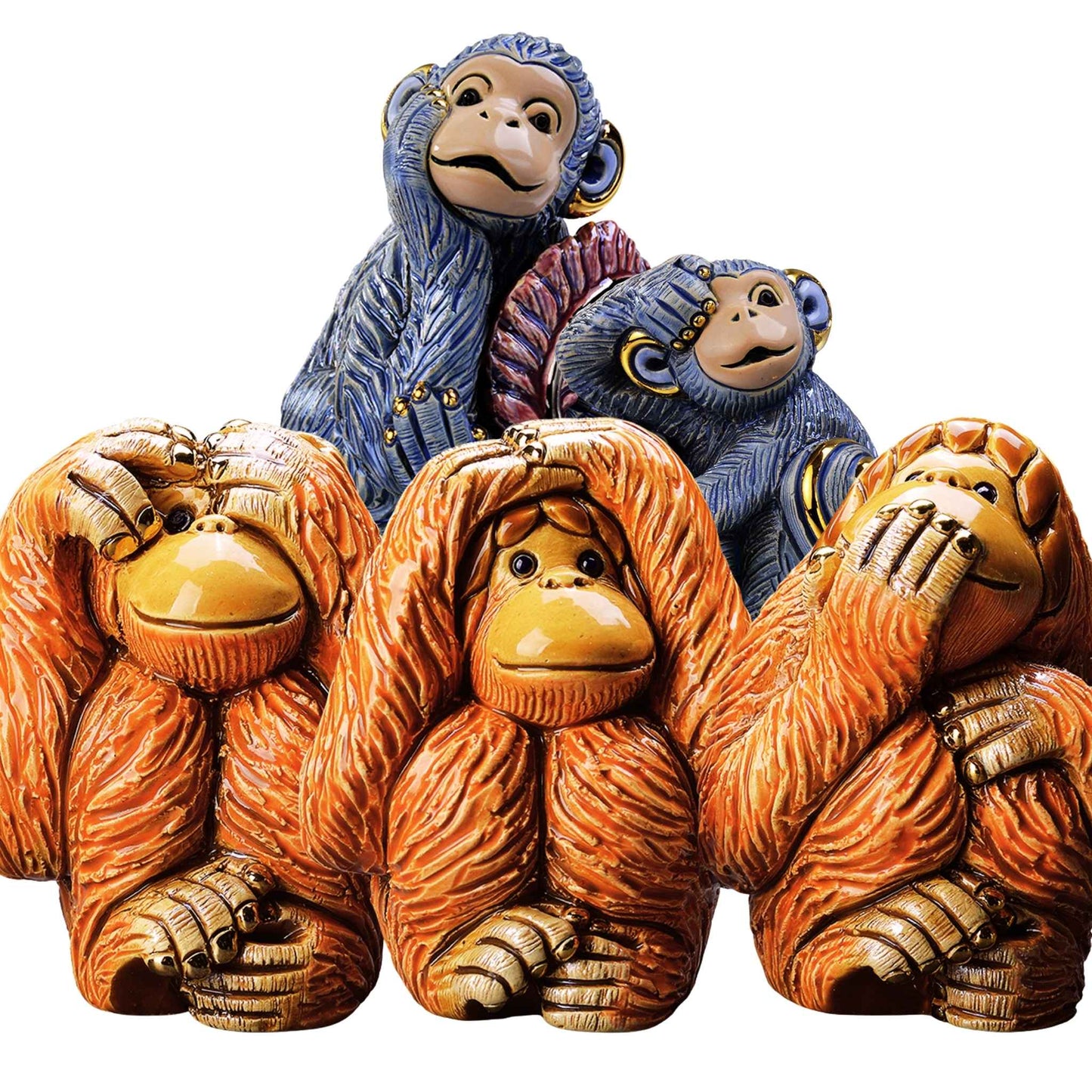 Ceramic monkey figurines set. See no evil hear no evil speak no evil statues. Handmade animal figurines De Rosa. Primate collectible sculptures. Symbolic monkey figurines. Blue and orange monkey art décor. Enamel orangutan statuettes. Artisan ceramic monkey gifts. South American monkey sculptures. Thoughtful home décor monkey set