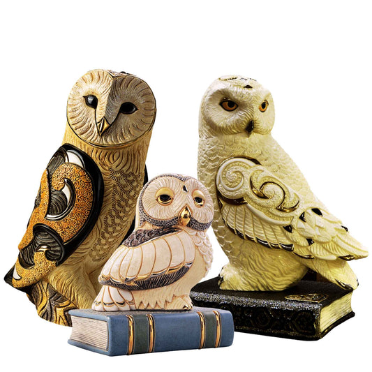 Ceramic owl figurines. Owl sculptures for decor. Book owl statue. Handcrafted owl art piece. Wisdom owl collectible set. Enamel owl figurine collection. Ivory owl on book sculpture. Artisan ceramic owl bundle. Limited edition owl figurines. De Rosa Gallery owl statues