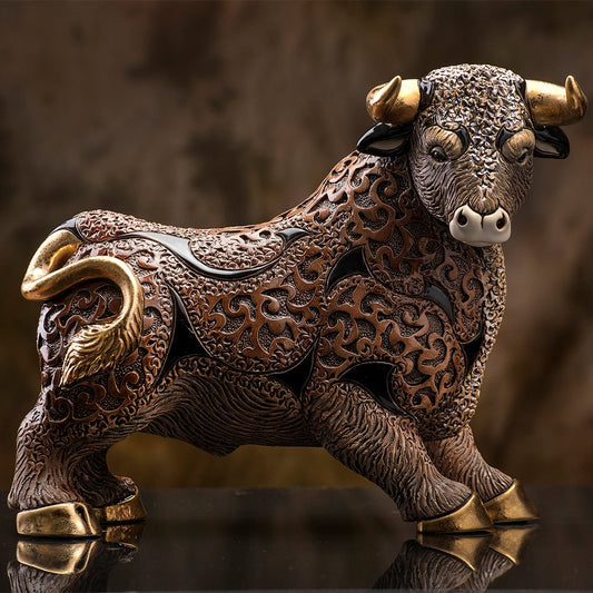 Collectible ceramic sculpture, niche home décor, high-end artisan collectibles, cultural art piece. Artistic sculpture. Perfect for desk, shelf, mantel, or entryway. Limited edition work of fine craftsmanship. Its handcrafted nature and use of precious-metal accents make it suitable for those searching for luxury ceramic figurines, artisan home sculptures, limited edition animal statues, or hand-painted ceramic bull décor.
