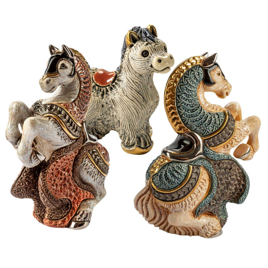 Decorative horse figurines. Medieval jousting horse statue. Handcrafted ceramic horse sculpture. Enamel horse collectible. Luxury horse gift set. Medieval horse art decor. Ceramic horse figurines handmade. Equine home decor. Horse lover gift bundle. Rearing horse statue. Artisan horse figurine set