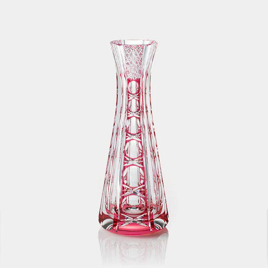 Edo Kiriko bud vase, Japanese cut glass bud vase, Kagami Crystal vase, Junichi Nabetani Edo Kiriko, pink crystal bud vase, Kiku Tsunagi pattern vase, Japanese single flower vase, handcrafted Japanese crystal vase, Edo Kiriko wedding gift, traditional Japanese glassware, pink Edo cut glass, Japanese luxury vase, artisan-made crystal vase, Japanese birthday gift vase, symbolic Japanese flower vase