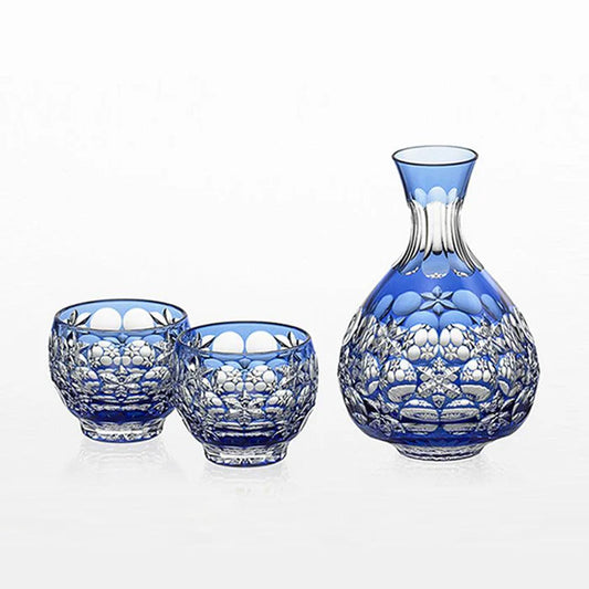 Edo Kiriko carafe set, Kagami Crystal Edo Kiriko, Japanese cut glass sake set, Edo faceted glassware, Hideaki Shinozaki glass, traditional Japanese crystal, Japanese sake carafe and cups, hand-cut Edo Kiriko, blue crystal carafe set, Japanese glass gift set, handmade Japanese drinkware, Edo Kiriko sake set, Kagami crystal carafe, Edo Kiriko master craftsman, Japanese crystal glass set, Edo Kiriko flower design, Tama Mai Edo Kiriko