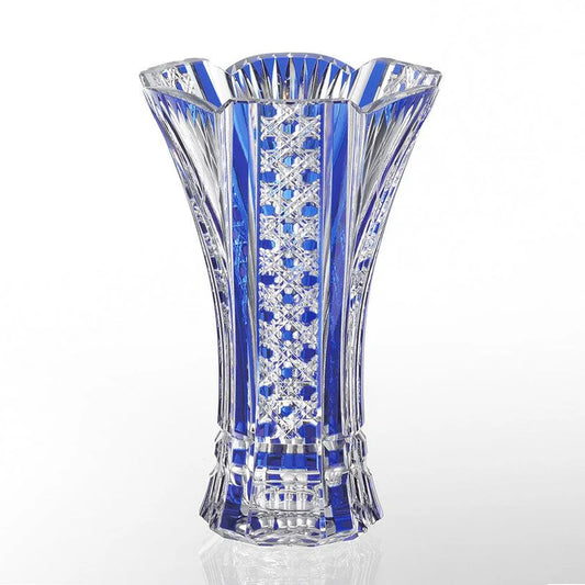 Edo Kiriko crystal vase, Kagami Crystal bamboo leaf vase, Japanese cut glass blue vase, kagome pattern vase Japan, luxury crystal vase Edo Kiriko, cobalt blue Japanese vase, bamboo leaves crystal glassware, octagonal basket weave vase, handmade Japanese crystal vase, Ibaraki crystal Kagami, wedding gift Japanese vase, traditional Edo Kiriko glass art, tall crystal vase Japan, Japanese artisan cut glass, premium blue crystal home decor.