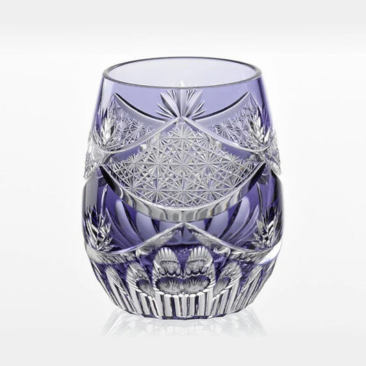 Edo Kiriko glass, Japanese cut crystal, Kagami Crystal glassware, Junichi Nabetani Edo Kiriko, purple crystal glass Japan, traditional Japanese glass, handmade Japanese glass, artisan cut glassware, Japanese cultural gifts, Edo cut glass chrysanthemum, collectible Japanese glass art, master craftsman glass Japan, decorative crystal tumbler, symbolic Japanese glass