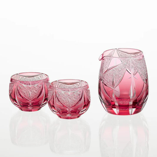 Edo Kiriko glass, Kagami Crystal glassware, Japanese cut glass, Kagura glass set, red crystal sake set, Japanese crystal cups, Edo Kiriko carafe and cups, handmade Japanese glassware, Tatsuya Nemoto glass, traditional Japanese drinkware, luxury sake glass set, Edo cut glass Japan, Japanese crystal gift set, handcrafted Japanese barware, artisan Japanese glass set