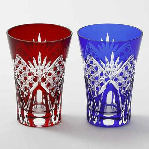 Edo Kiriko glass pair, Star Anise tumbler set, Kimoto Glassware Japan, Edo cut glass Tokyo, Japanese traditional cut glass, Kagome basket weave glass, octagonal lattice glassware, Japanese red and blue glass set, Edo Kiriko gift set, handcrafted Japanese glass pair, cultural Japanese drinkware, luxury Edo cut tumblers, symbolic Japanese glassware