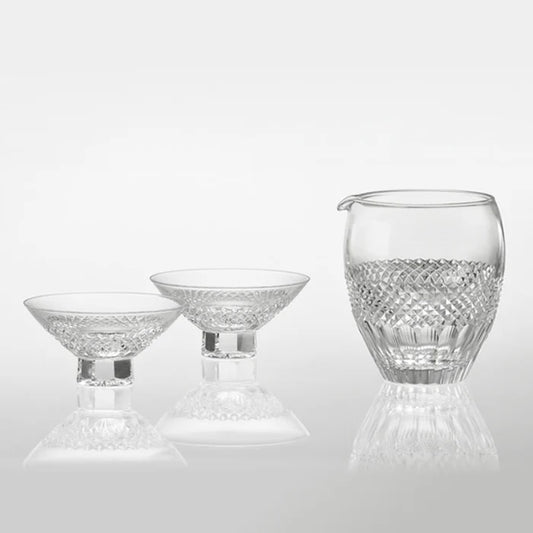 Edo Kiriko glass set, Japanese cut glass pitcher and cups, Kagami Crystal fish scale design, uroko pattern crystal glass, handcrafted Japanese crystalware, traditional Japanese cut glass, Edo Kiriko pitcher and bowl set, crystal serving set Japan, Ibaraki Kagami Crystal, Japanese gift crystal set, prosperity fish scale motif glassware, handmade Japanese glass pitcher, collectible Japanese crystal art