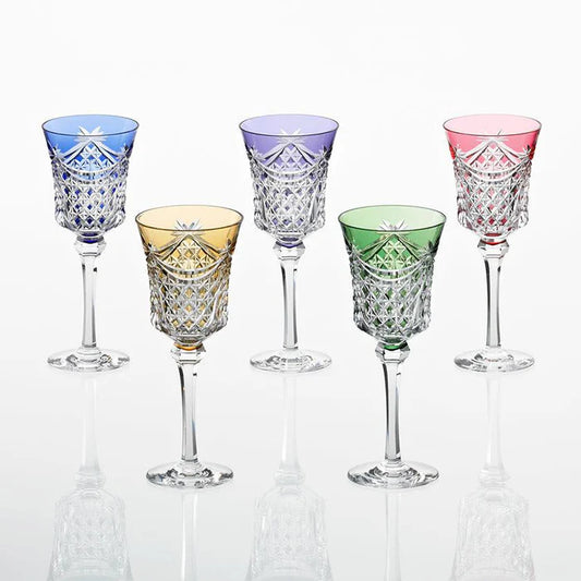 Edo Kiriko glass set, Kagami Crystal wine glasses, Japanese cut glass drinkware, Edo Kiriko stemware, colored crystal glasses Japan, handmade Japanese crystal glasses, drape cut glass Edo Kiriko, tetragonal basket weave pattern glass, luxury Japanese glassware, artisan Japanese stemware, traditional Edo cut glass, Japanese crystal wine goblets, Kagami Crystal drinking glass set, multicolor Edo Kiriko glasses, symbolic Japanese drinkware