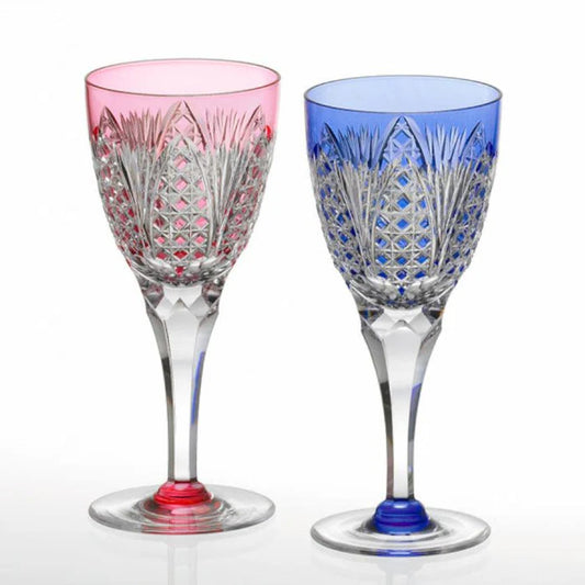 Edo Kiriko glasses, Japanese cut glass pair, Kagami Crystal Edo Kiriko, bamboo leaf glass pattern, basket weave cut glass, Japanese crystal glasses, red and blue wine glass set, Japanese wedding gift glassware, anniversary crystal gift Japan, traditional Edo cut glassware, handcrafted Japanese wine glasses, Ibaraki crystal Kagami, Edo Kiriko gift set, Japanese sake and wine glass pair