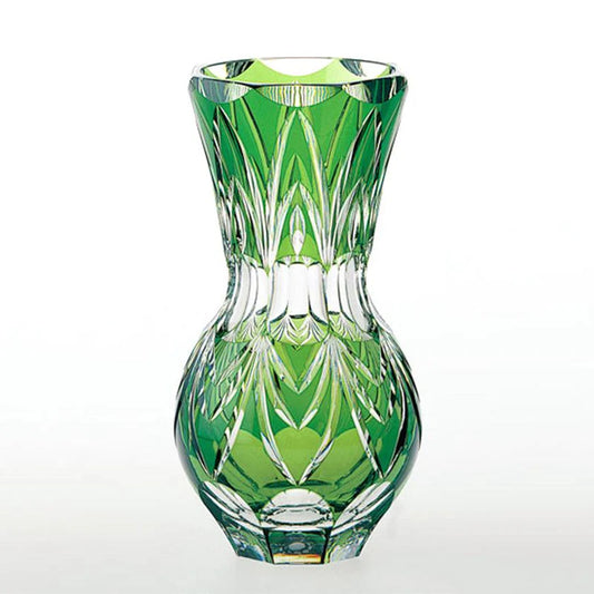 Edo Kiriko green vase, Kagami Crystal green glass vase, Japanese cut crystal vase, gourd-shaped Edo Kiriko, luxury Japanese vase, green crystal glass décor, handcrafted Japanese vase, Japanese artisan glassware, green Kagami Crystal Edo Kiriko, symbolic Japanese home décor, Edo Kiriko grass motif vase