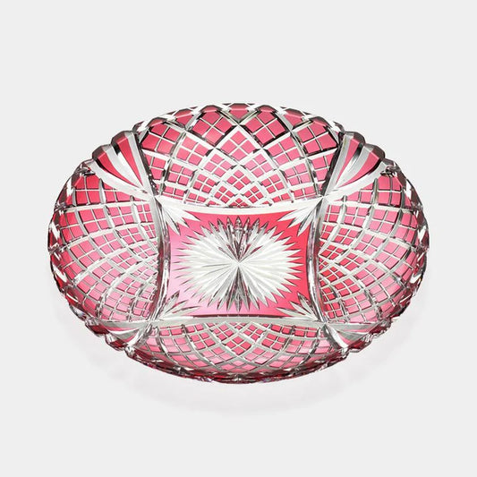Edo Kiriko plate, Kagami Crystal red plate, gold red cut glass, yarai bamboo fence pattern, Japanese crystal dish, traditional Japanese glassware, Japanese geometric cut glass, handcrafted Edo Kiriko plate, Japanese housewarming gift, luxury crystal plate, gold red Japanese art glass, Kagami Crystal tableware, Japanese symbolic design plate, Edo Kiriko decorative platter