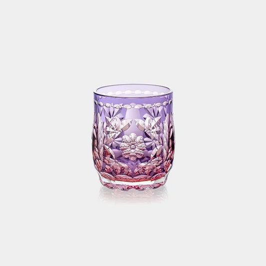 Edo Kiriko rocks glass, Kagami Crystal glass, Japanese cut glass, Hideaki Shinozaki glass, traditional Japanese whiskey glass, crystal sake cup, handmade Japanese glassware, purple Edo Kiriko tumbler, Japanese barware, artisan whiskey glass, Kasane-Irome layered color glass, floral motif cut glass, Japanese crystal gift, luxury whiskey tumbler Japan, symbolic Japanese flower glass, Ibaraki Kagami Crystal Edo Kiriko