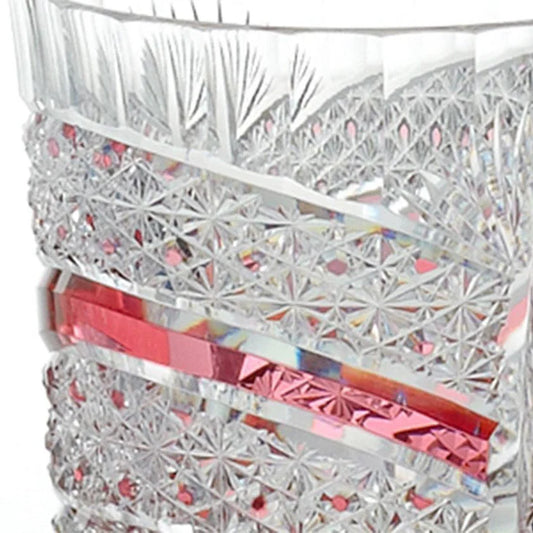 Edo Kiriko tumblers, Kagami Crystal whiskey glasses, Japanese cut glass tumblers, Edo Kiriko drinking glasses, red and blue crystal tumblers, Japanese whiskey glass set, handcrafted Edo Kiriko tumblers, traditional Japanese crystal glassware, Kiku Kagome glass, Nanako pattern glass, auspicious Japanese patterns, Edo Kiriko tumbler pair, handmade Japanese gift set, Edo Kiriko Kagami Crystal, Japanese whiskey tumbler pair