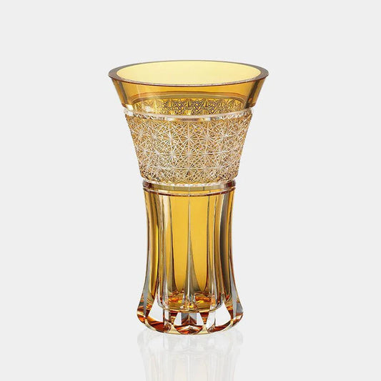 Edo Kiriko vase, Bonfire vase by Tatsuya Nemoto, Kagami Crystal yellow vase, Kiku Tsunagi cut glass, Japanese chrysanthemum motif vase, traditional Japanese cut glass, luxury crystal vase Japan, handmade Edo Kiriko vase, golden crystal glass vase, Kagami Crystal decorative vase, Japanese milestone celebration gift, Edo Kiriko artisan vase
