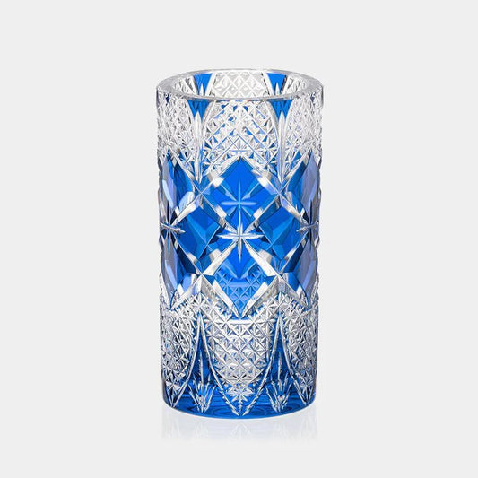 Edo Kiriko vase, Japanese cut glass vase, Kagami Crystal vase, cobalt blue crystal vase, handcrafted Japanese glassware, Edo faceted glass, traditional Japanese crystal art, luxury Japanese vase, Hishi pattern vase, hemp leaf cut glass, Japanese wedding gift vase, Edo Kiriko home decor, handmade Japanese crystal vase, Japan’s finest cut glass, gift for housewarming Japan