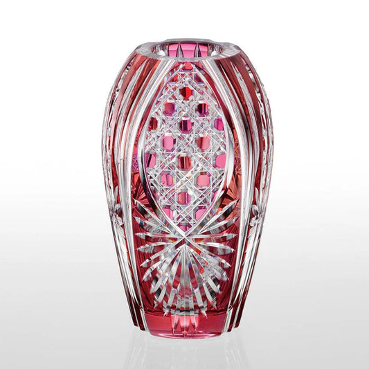 Edo Kiriko vase, Kagami Crystal vase, Japanese cut glass, bamboo leaf crystal vase, kagome pattern vase, Japanese luxury glassware, red crystal Edo Kiriko, handmade Japanese vase, Ibaraki crystal vase, Japanese wedding gift, Japanese housewarming gift, double-layer crystal vase.