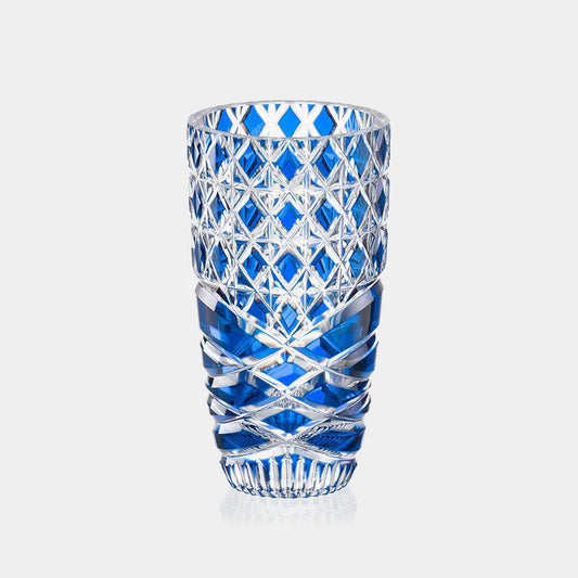 Edo Kiriko vase, Kagami Crystal vase, Japanese cut glass vase, blue crystal vase, chrysanthemum link vase, palisade pattern vase, Japanese artisan vase, traditional Japanese glassware, Sound of the Sea vase, luxury Japanese vase, ocean blue crystal vase, handmade Japanese vase, Edo cut glass art, Japanese cultural gifts, symbolic crystal vase.