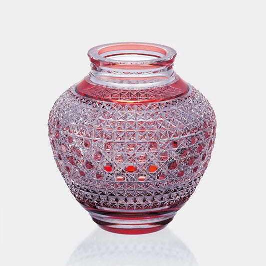 Edo Kiriko vase, Kagami Crystal vase, Japanese cut glass vase, hemp leaf asanoha vase, kagome pattern crystal, octagonal basket weave vase, red overlay crystal vase, Japanese traditional glass art, handmade Japanese crystal vase, luxury Japanese vase, Edo Kiriko gift, Japanese wedding gift vase, cultural Japanese home décor, collectible Japanese crystal