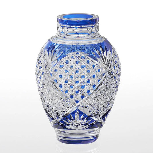 Edo Kiriko vase, Kagami Crystal vase, Japanese cut glass vase, hemp leaf pattern vase, kagome basket weave crystal, blue crystal Japanese vase, handcrafted Japanese crystal glassware, luxury Edo Kiriko gift, Ibaraki Japan artisan vase, double-layered crystal vase, collectible Japanese glass art, traditional Japanese glass cutting, handmade blue crystal vase